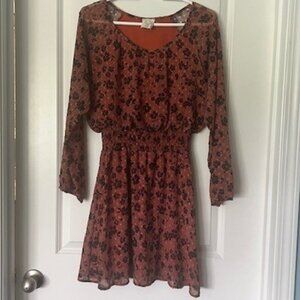 Fantastic Fawn burnt orange dress, smocked waist sheer long sleeves. Size small
